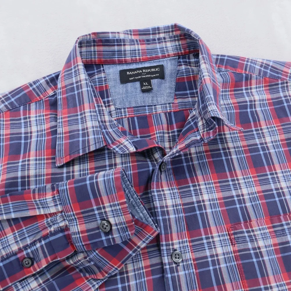 Banana Republic Mens XL Soft Wash Tailored Slim Fit Plaid Button Down Shirt Blue